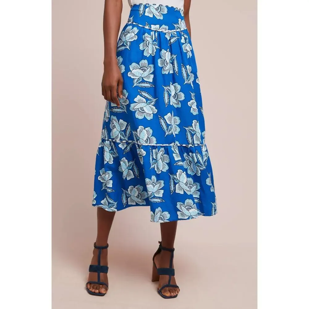 Anthropologie Maeve Alyssa Blue Floral Midi Skirt US 14 - Picture 2 of 13